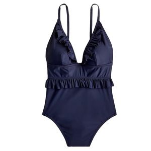 J. Crew Long Torso Ruffle Deep V One-piece Swimsuit Size 0 Navy NWT